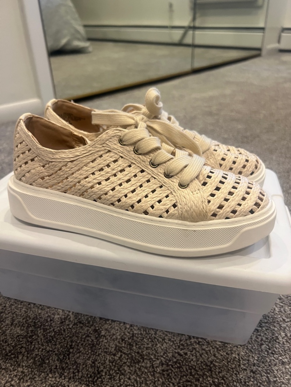 Charles David Cream Woven Lace-Up Platform Sneakers
